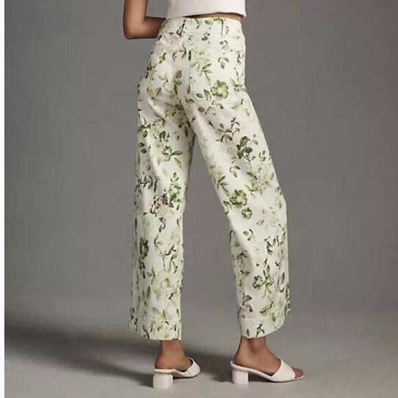 Maeve Anthropologie Colette Crop Linen Wide Leg Pants Green Floral Size 34 - Picture 2 of 8